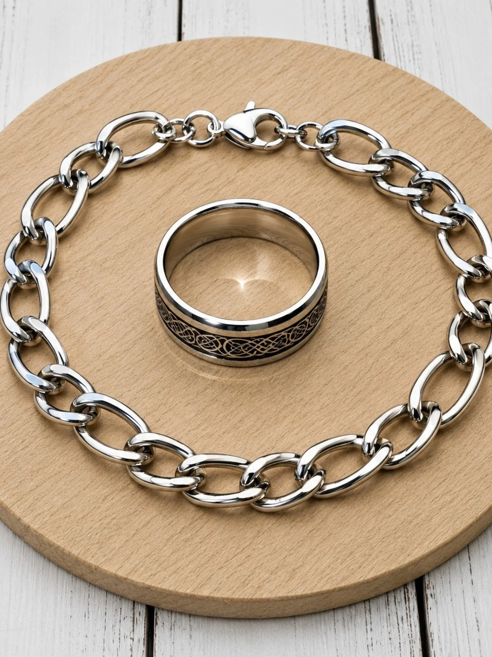 Polished Silver-Tone Chain Link Bracelet with Celtic Tungsten Ring